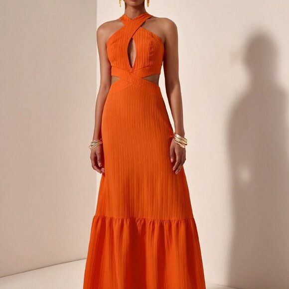 Orange Sexy Women's Casual Vacation Cross Halter Neck Hollow Backless Dress - Picture 1 of 7
